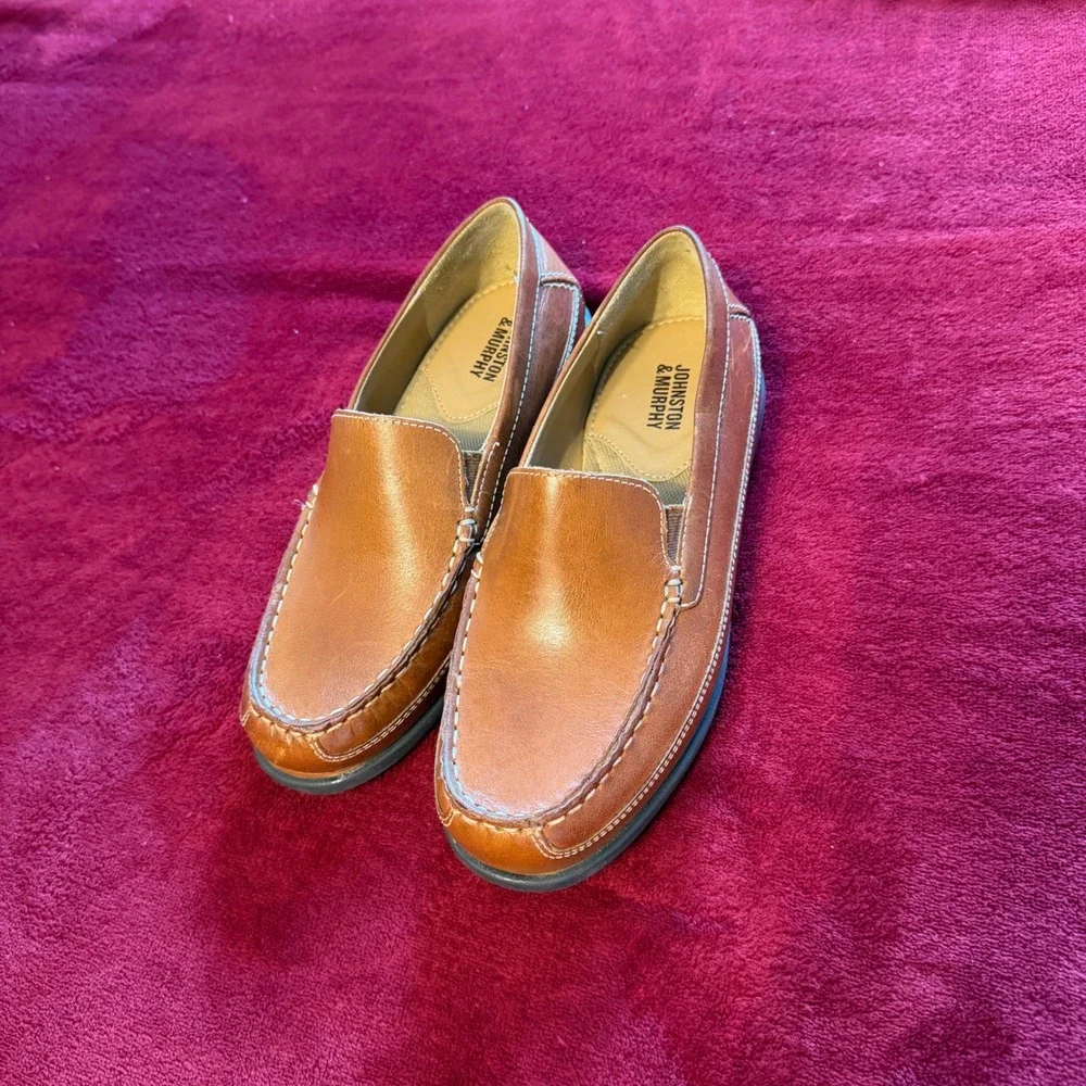 Johnston & Murphy Boys Tan Leather Slip‎ On Loafers Moc Toe Dress Shoes Size 4M